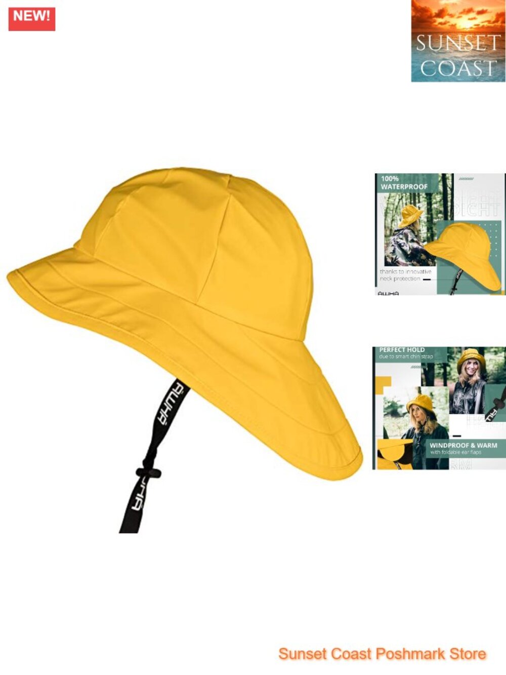 Souwester Rain Hat Waterproof Wide Brim Earflaps Adjustable Chinstrap Hat for